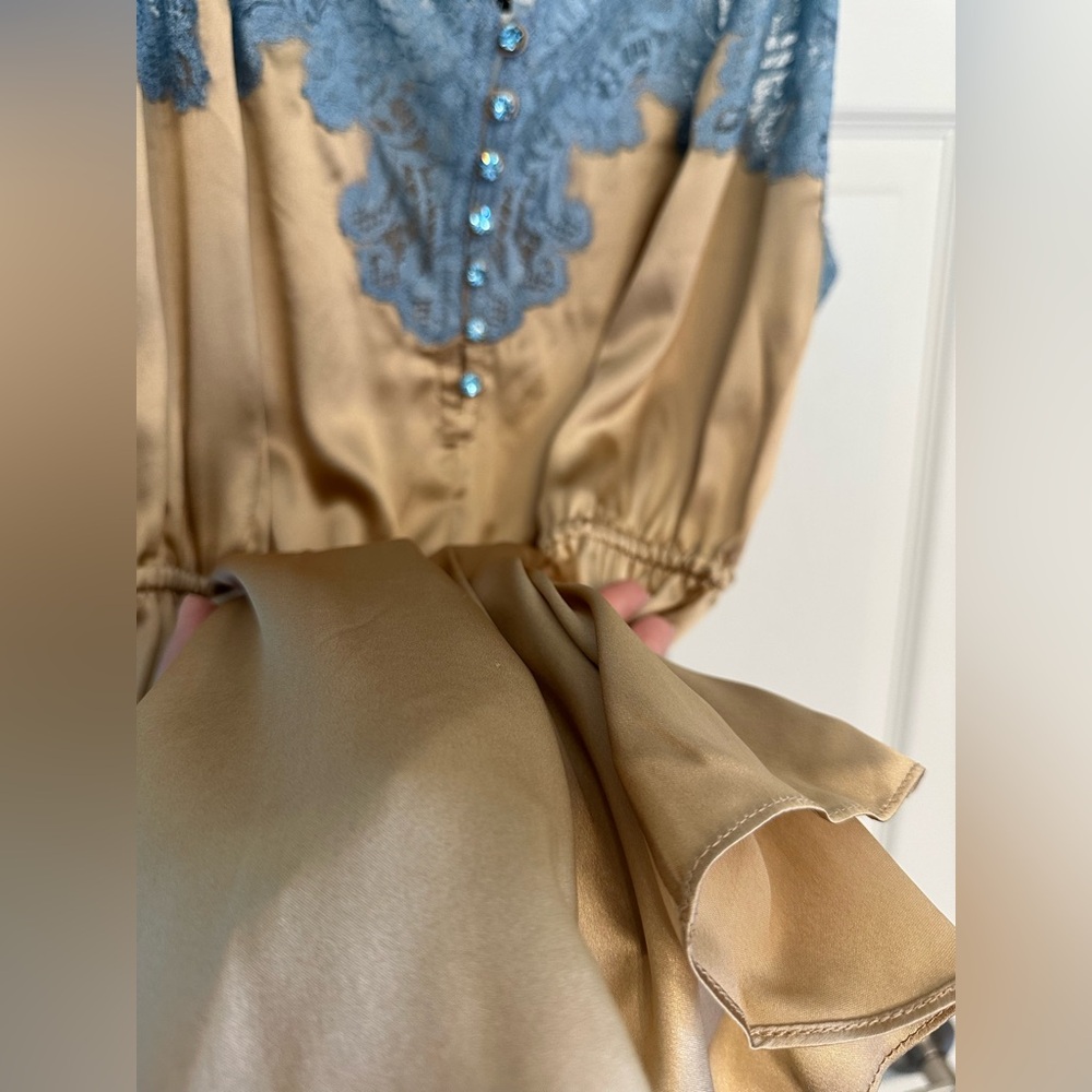 Rosamosario 100% Silk Satin and Chantilly French Lace Camisole Nude and Blue - Picture 5 of 17